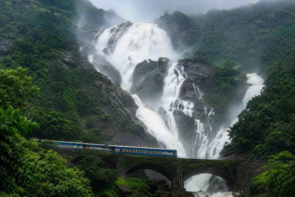 Dudhsagar Falls at peak flow during Goa monsoon season