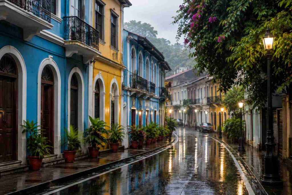 Fontainhas heritage walk in Panjim during monsoon rain