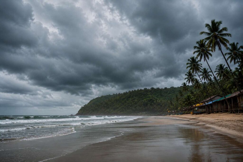 Empty Goa beach during monsoon season with dramatic grey skies