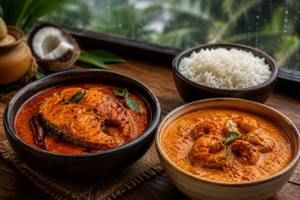 Goan fish curry and prawn xacuti during monsoon food season