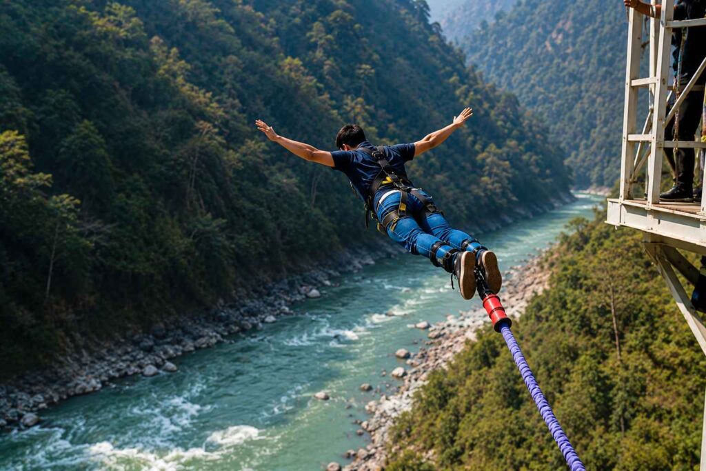 Jumper mid-air during bungee jump Mohanchatti Rishikesh