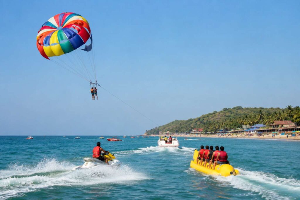 Water sports and parasailing along a North Goa beach