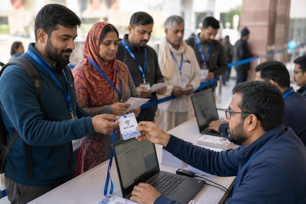 Pilgrims collecting RFID cards for Amarnath Yatra 2026 at Jammu registration centre