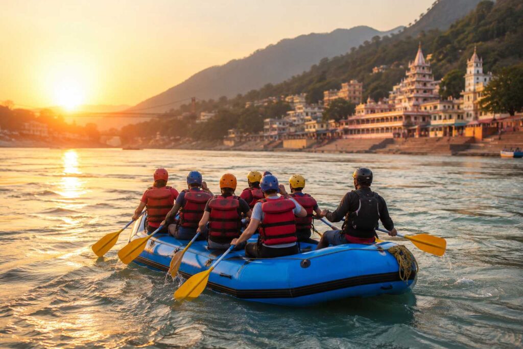 group rafting during golden hour near rishikesh ghat