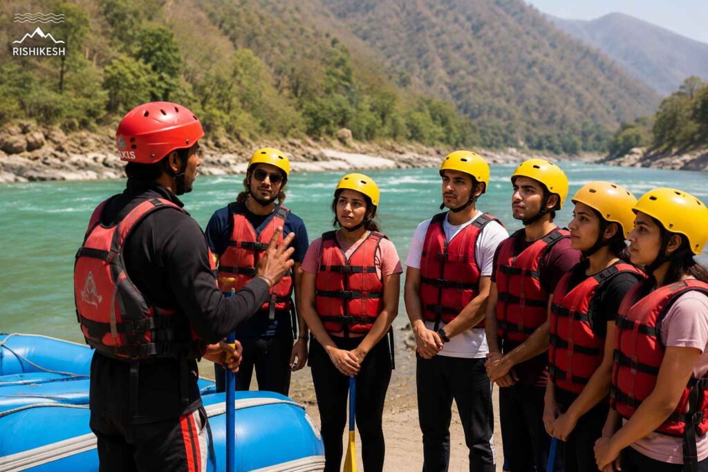 rafting guide briefing tourists before ganga river trip