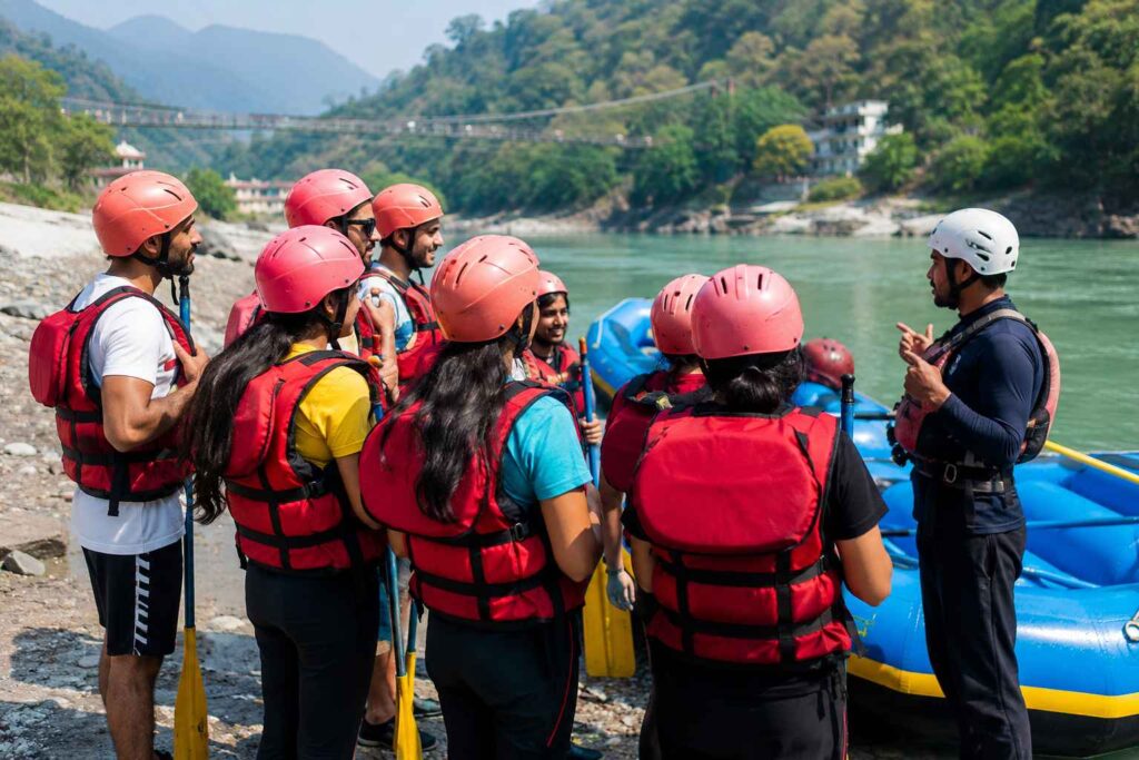 tourists wearing life jackets before rishikesh rafting trip