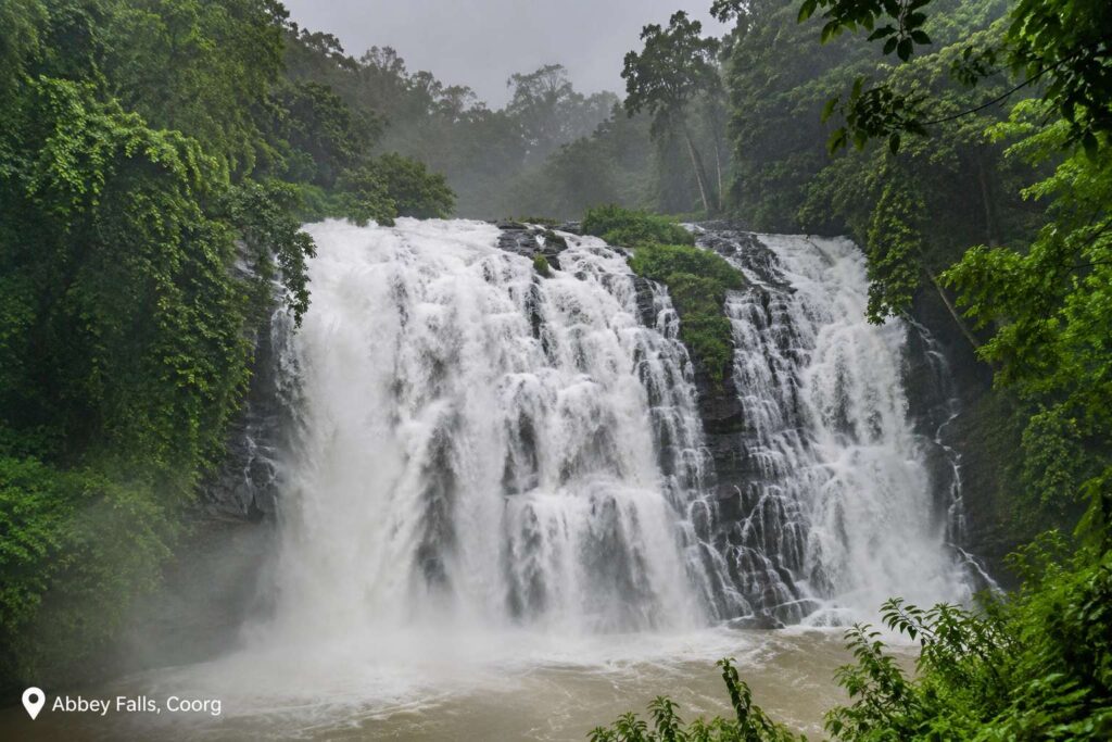 Abbey Falls Coorg Karnataka flowing at full volume during July monsoon season