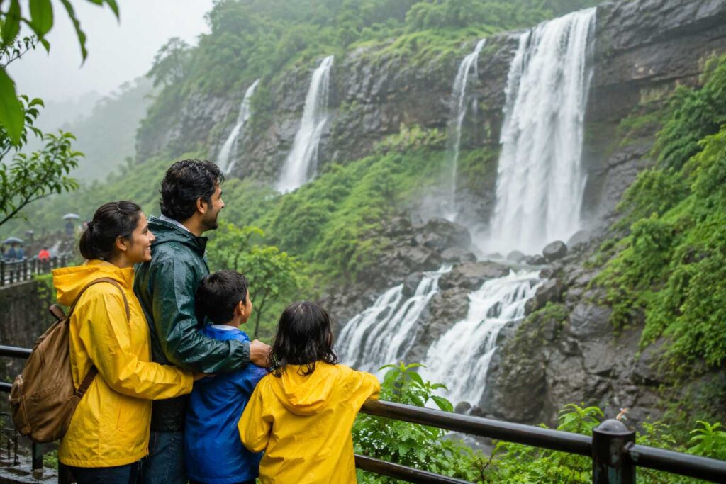 Family enjoying Lonavala waterfalls during a monsoon weekend trip from Mumbai
