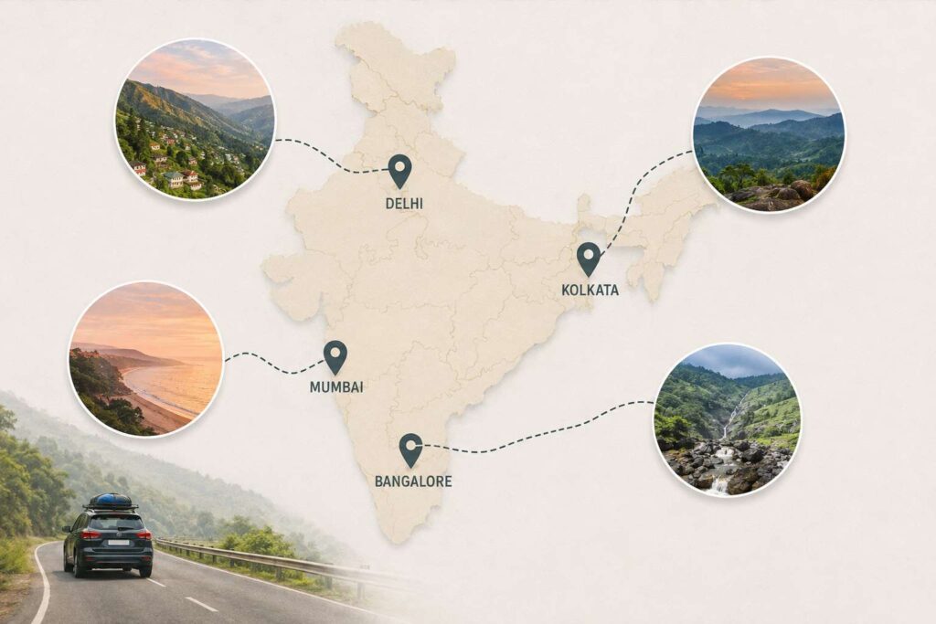 Map of short trip destinations near Delhi, Mumbai, Bangalore and Kolkata for Raksha Bandhan 2026