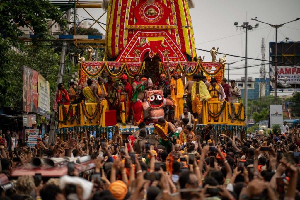 Devotees pulling the Rath Yatra chariots on Puri's Bada Danda